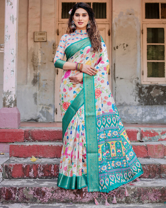Tiffany Blue & Off White Floral Printed Cotton Silk Saree