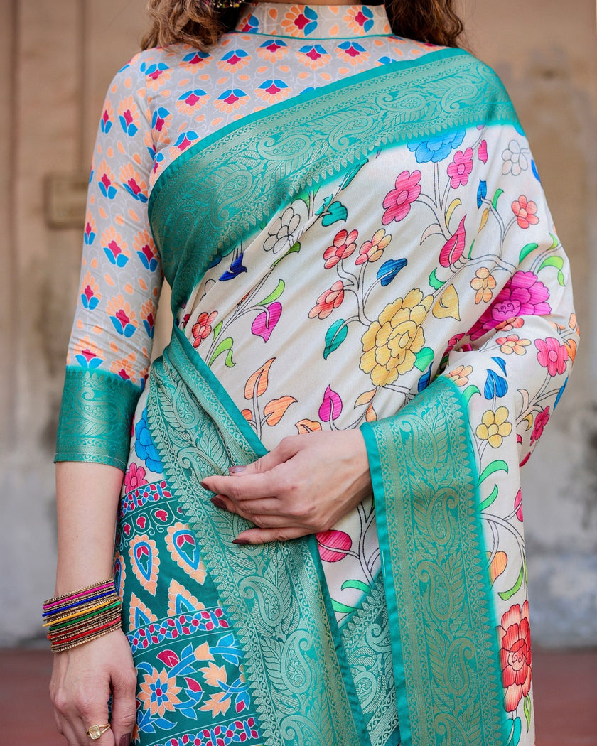 Tiffany Blue & Off White Floral Printed Cotton Silk Saree