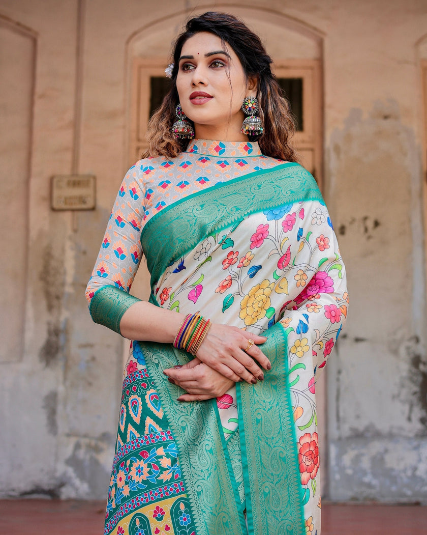 Tiffany Blue & Off White Floral Printed Cotton Silk Saree