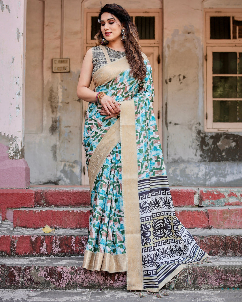 Light Blue & Green Floral Printed Cotton Silk Saree