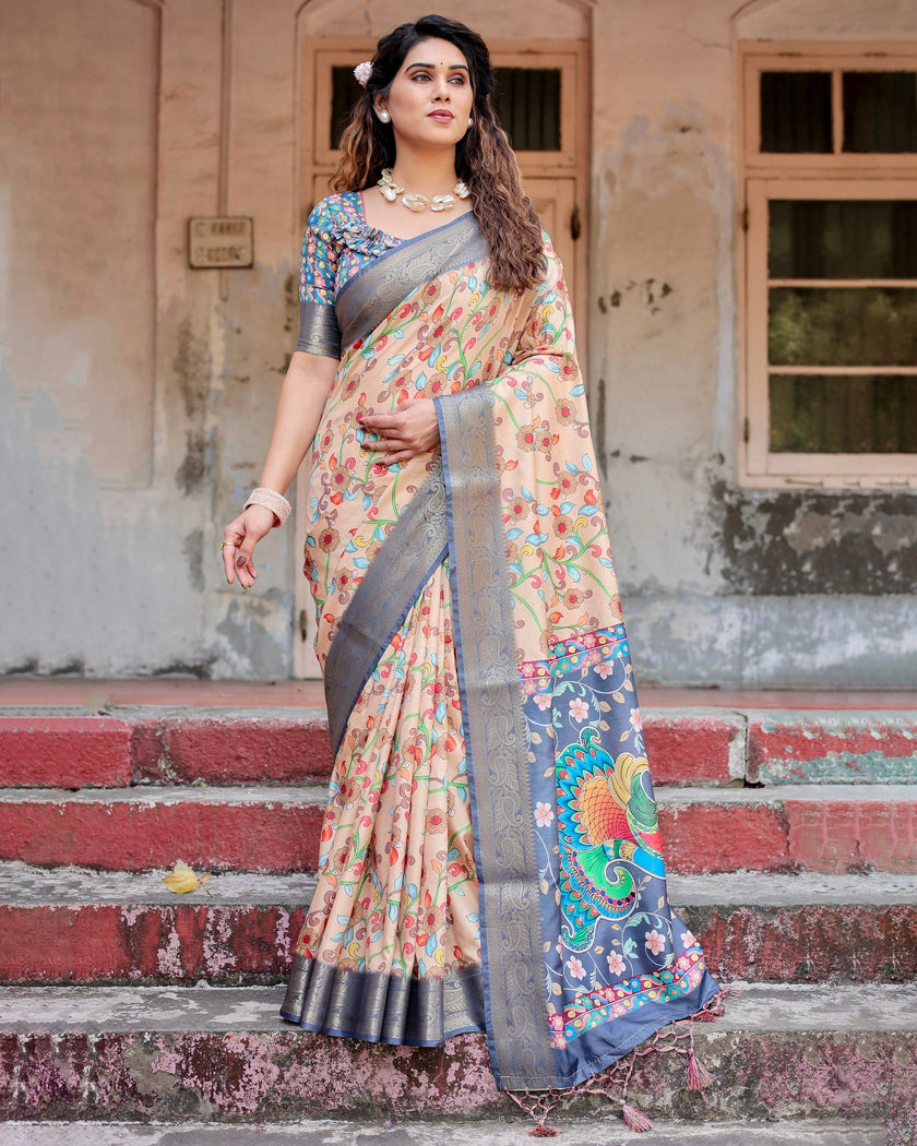 Light Peach Floral Printed Cotton Silk Saree