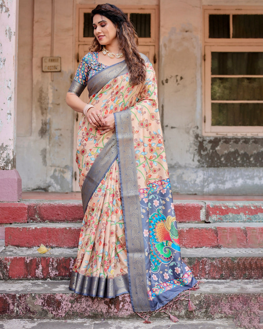 Light Peach Floral Printed Cotton Silk Saree