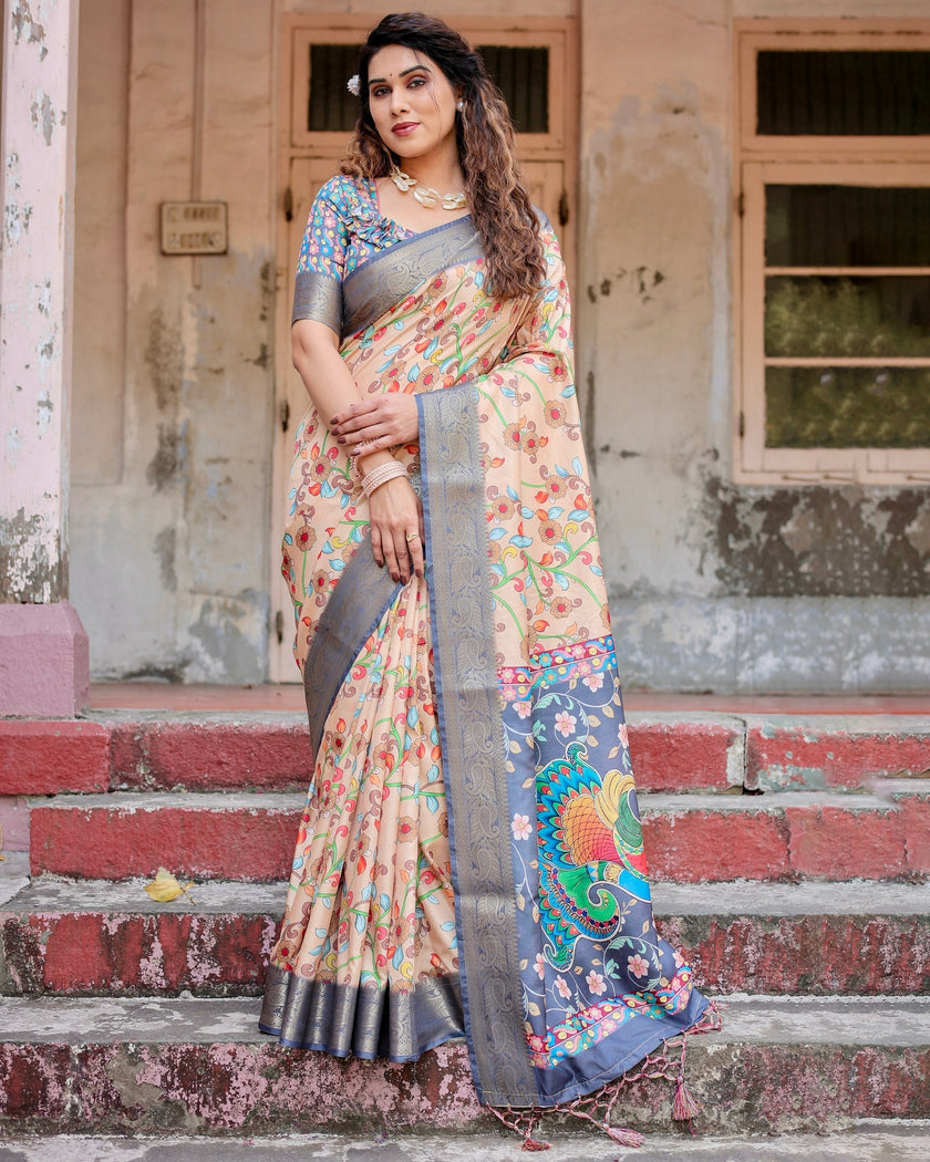 Light Peach Floral Printed Cotton Silk Saree