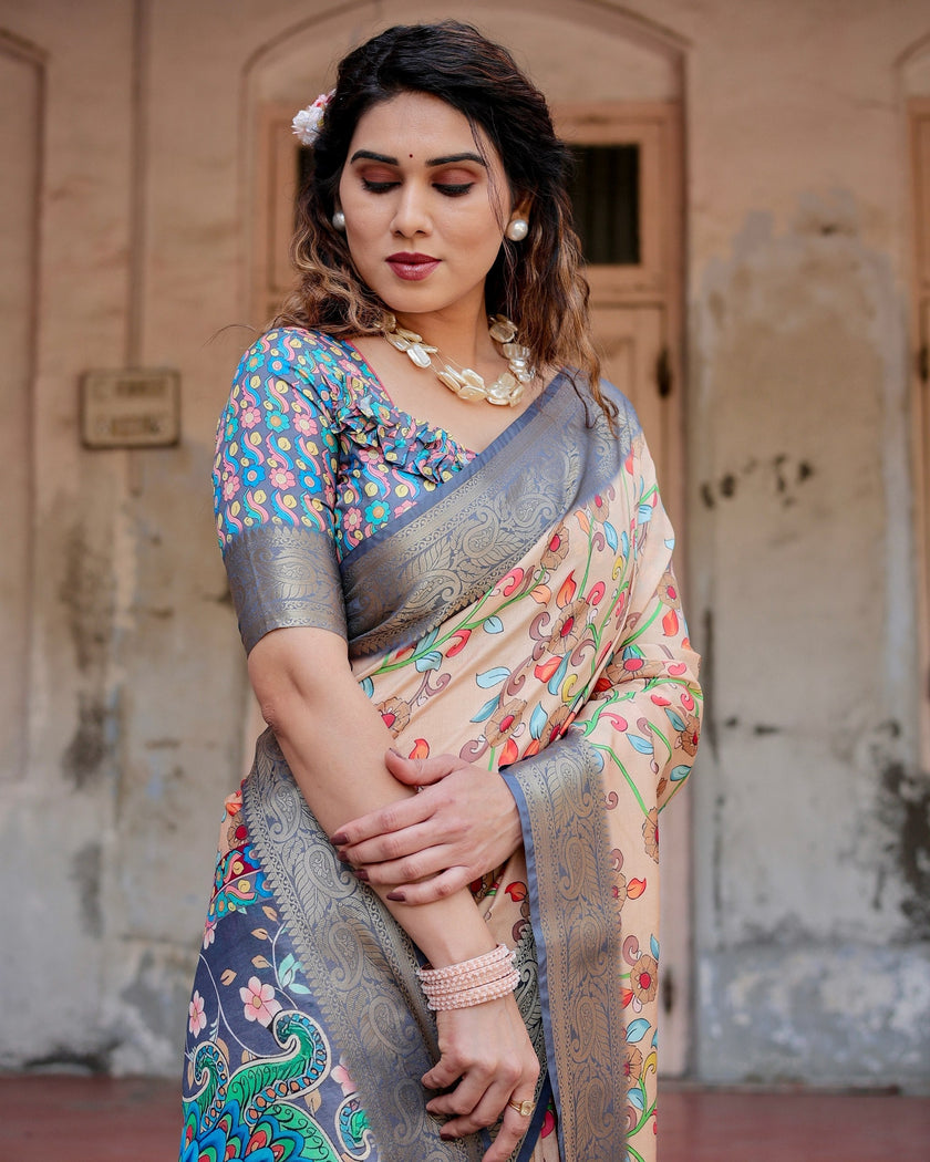 Light Peach Floral Printed Cotton Silk Saree