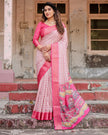 Pink & Off White Floral Printed Cotton Silk Saree