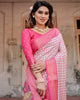 Pink & Off White Floral Printed Cotton Silk Saree