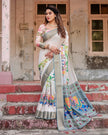 Cream & Multi Colour Floral Printed Cotton Silk Saree