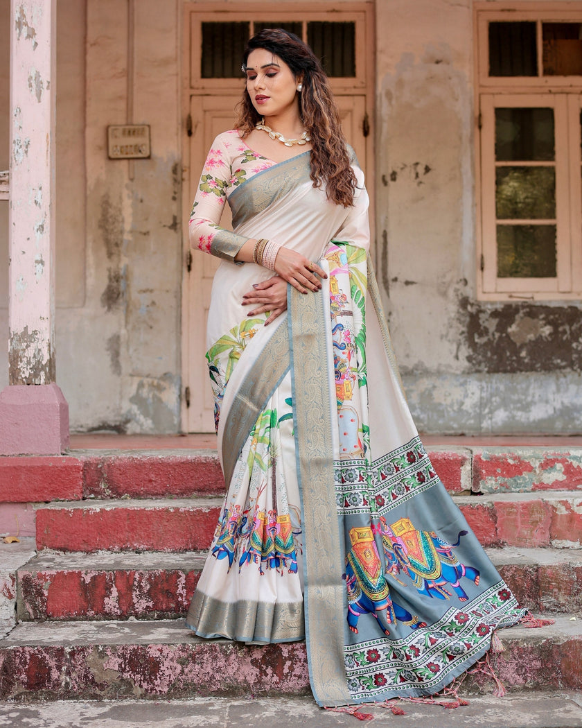 Cream & Multi Colour Floral Printed Cotton Silk Saree
