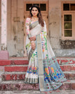 Cream & Multi Colour Floral Printed Cotton Silk Saree