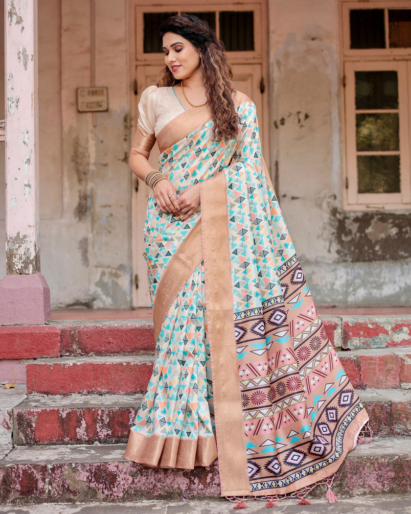 Beige & Arctic Blue Floral Printed Cotton Silk Saree