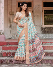Beige & Arctic Blue Floral Printed Cotton Silk Saree