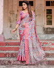 Grey & Pink Flower Floral Printed Cotton Silk Saree