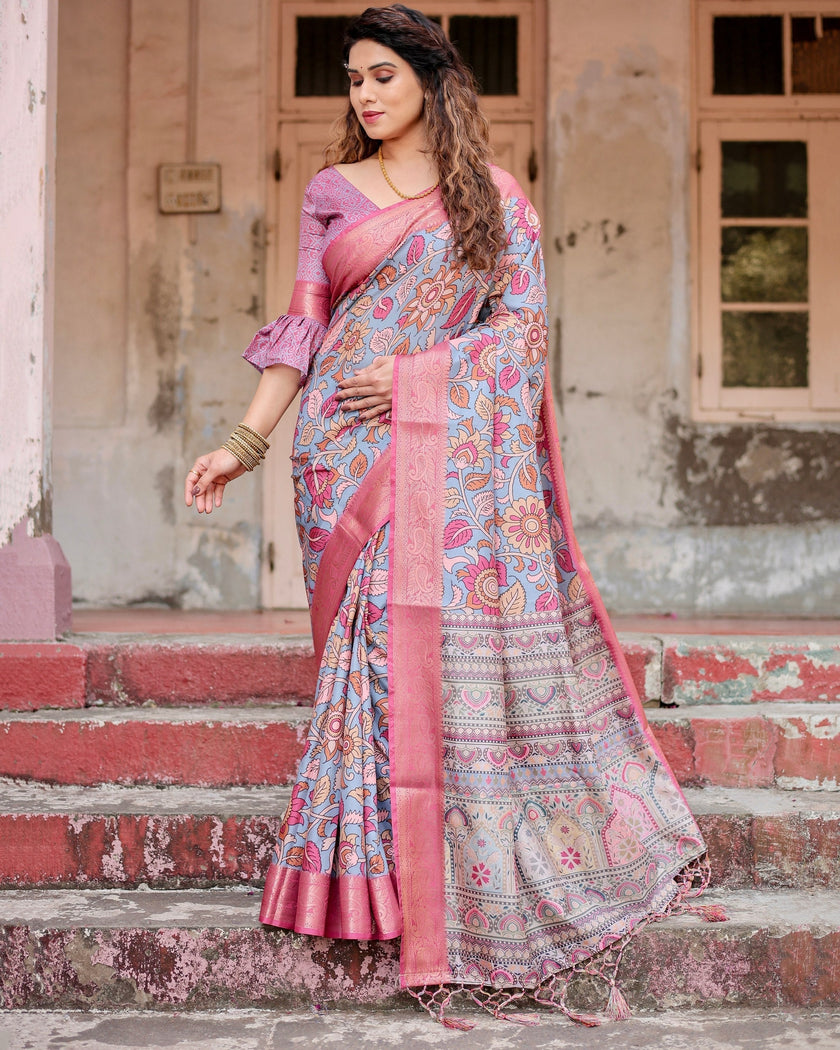 Grey & Pink Flower Floral Printed Cotton Silk Saree
