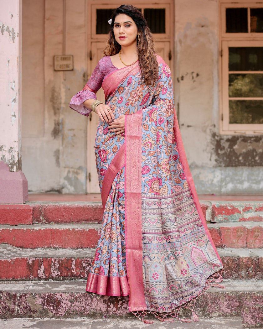 Grey & Pink Flower Floral Printed Cotton Silk Saree