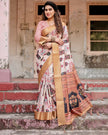 Cream & Light Brown Floral Printed Cotton Silk Saree