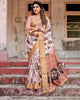Cream & Light Brown Floral Printed Cotton Silk Saree