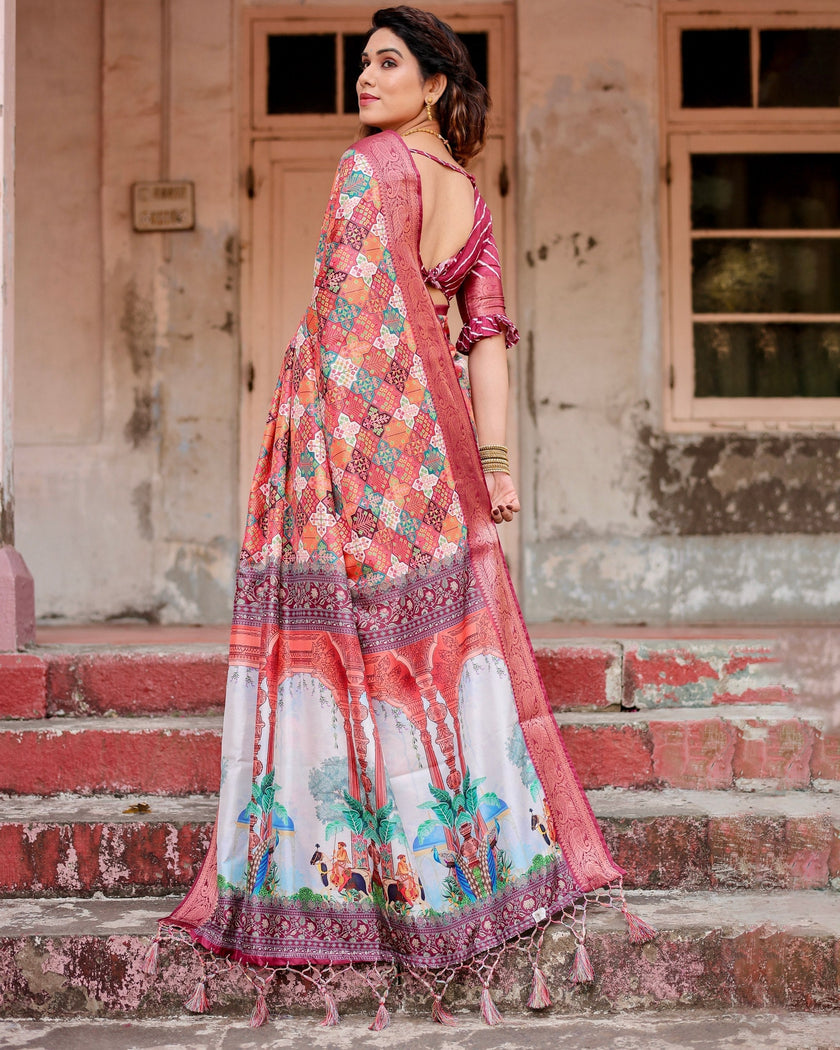 Light Maroon Floral Printed Cotton Silk Saree