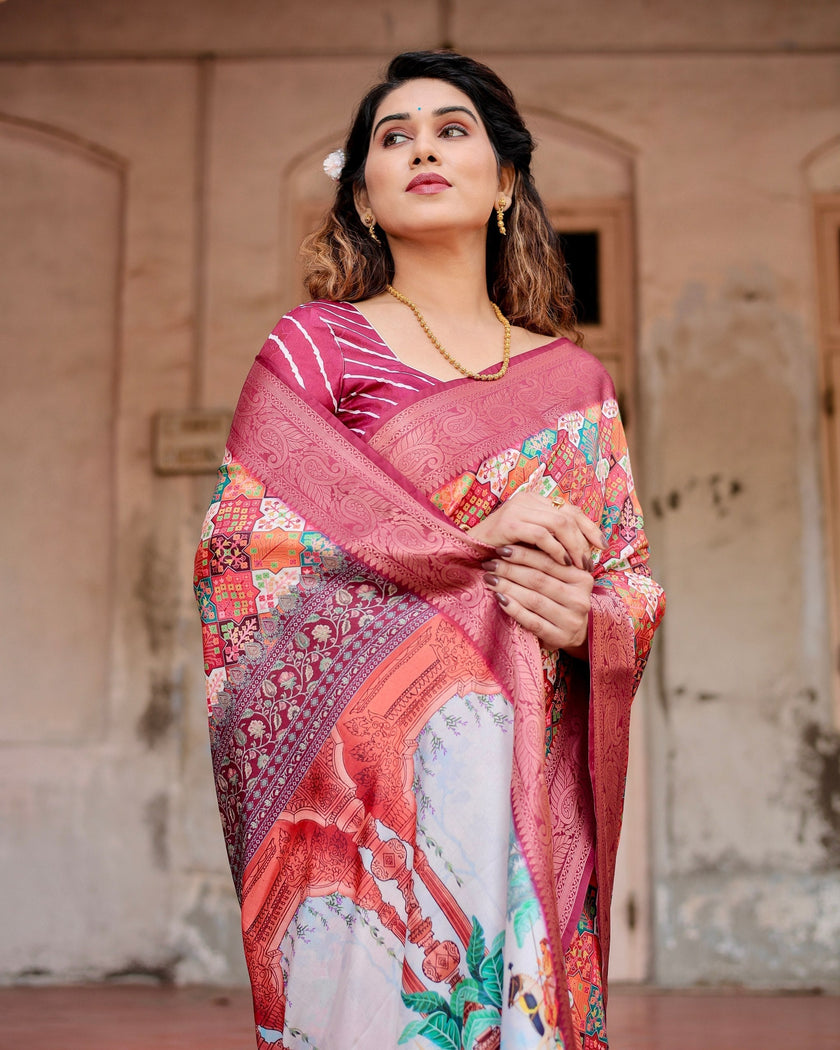 Light Maroon Floral Printed Cotton Silk Saree