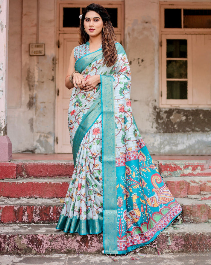 Baby Blue Floral Printed Cotton Silk Saree