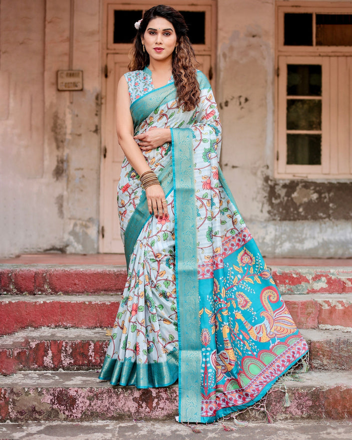 Baby Blue Floral Printed Cotton Silk Saree