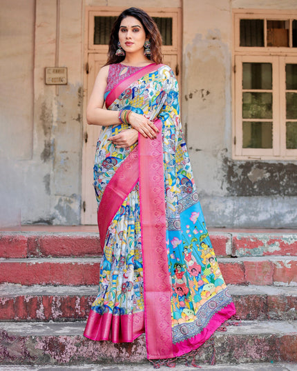 Sky Blue & Pink Floral Printed Cotton Silk Saree