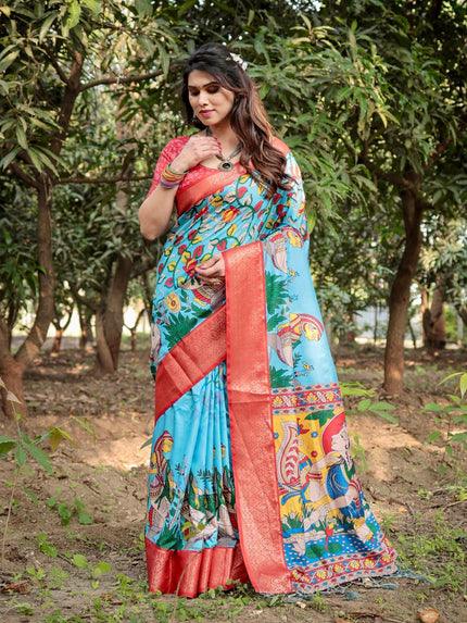 Turquoise Sky Blue Color Floral Printed Cotton Silk Saree