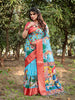 Turquoise Sky Blue Color Floral Printed Cotton Silk Saree