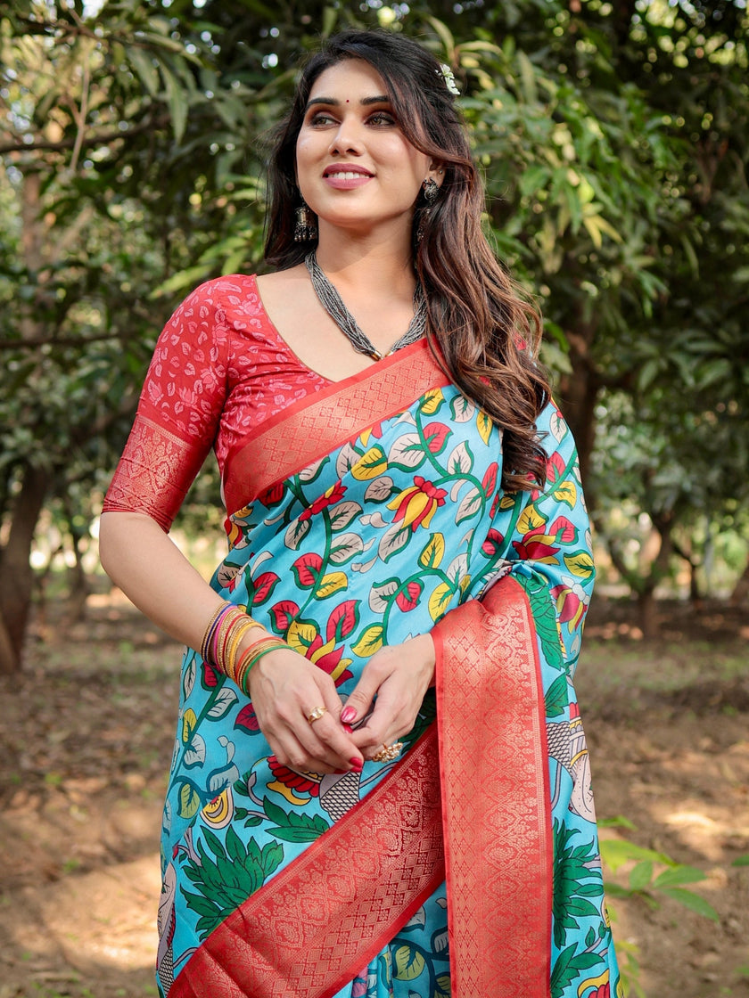 Turquoise Sky Blue Color Floral Printed Cotton Silk Saree