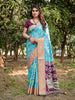Cream & Sky Blue Floral Printed Cotton Silk Saree