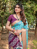 Cream & Sky Blue Floral Printed Cotton Silk Saree
