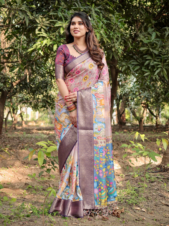 Light Rosewood Pink & Velour Purple Floral Printed Cotton Silk Saree