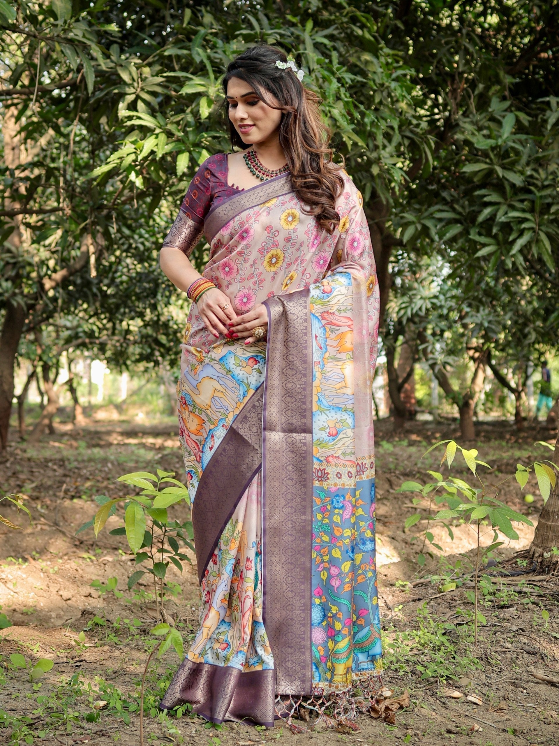 Light Rosewood Pink & Velour Purple Floral Printed Cotton Silk Saree