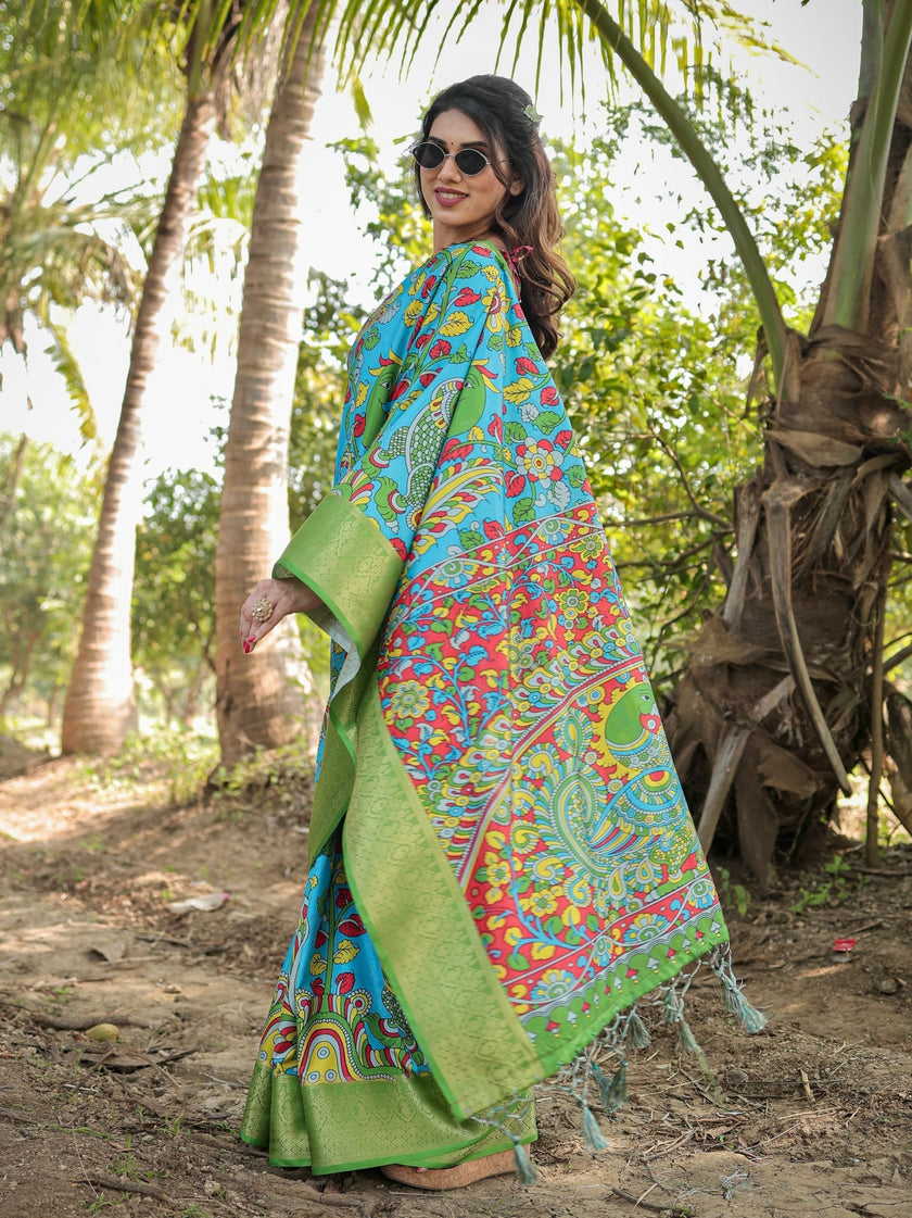 Deep Sky Blue & Green Floral Printed Cotton Silk Saree