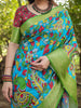 Deep Sky Blue & Green Floral Printed Cotton Silk Saree