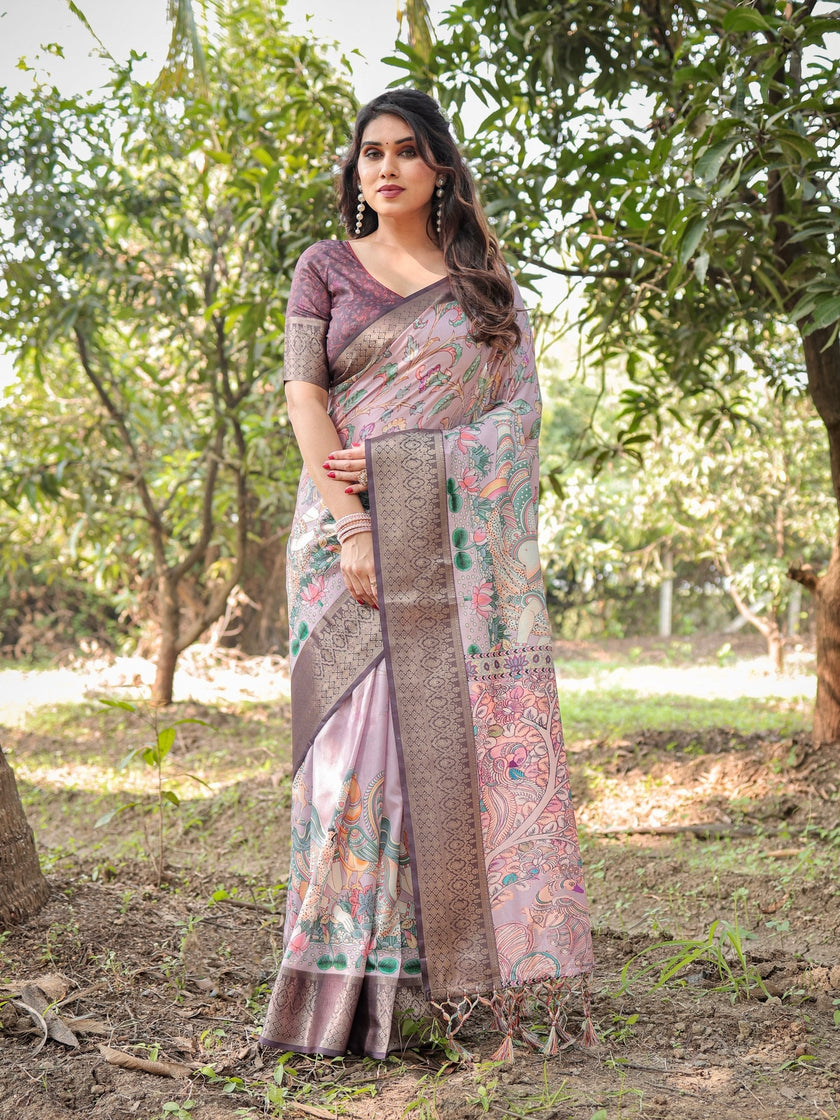 Peach Blush Floral Printed Cotton Silk Saree