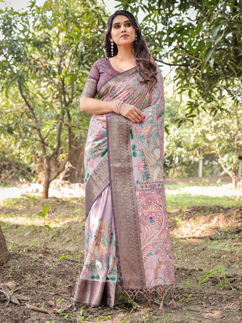 Peach Blush Floral Printed Cotton Silk Saree