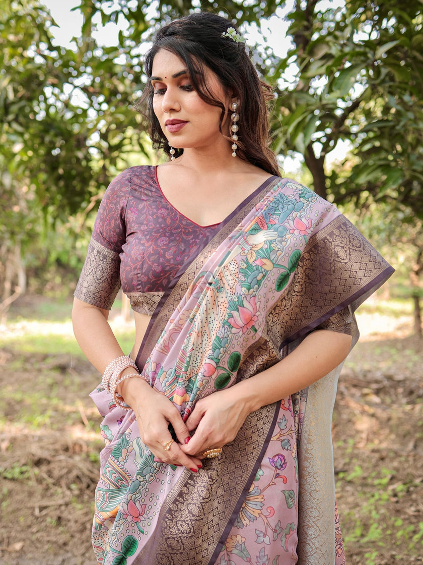 Peach Blush Floral Printed Cotton Silk Saree