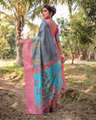 Steel Grey Floral Printed Cotton Silk Saree
