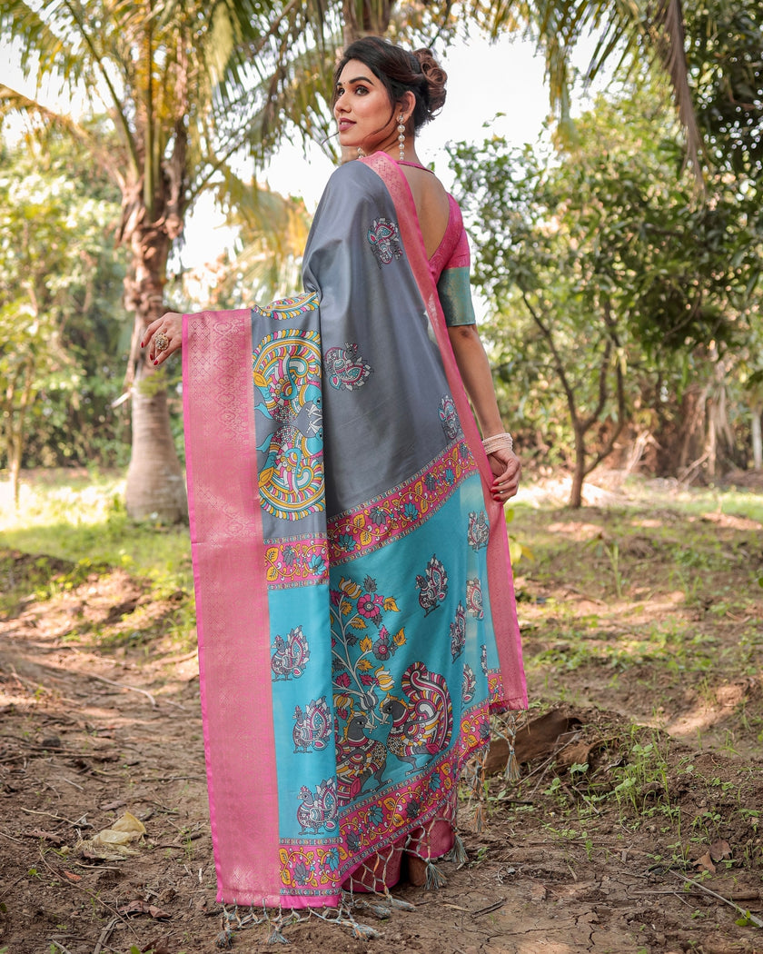 Steel Grey Floral Printed Cotton Silk Saree
