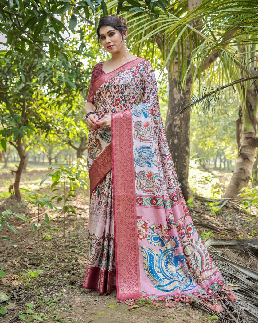 Pale Pink Floral Printed Cotton Silk Saree
