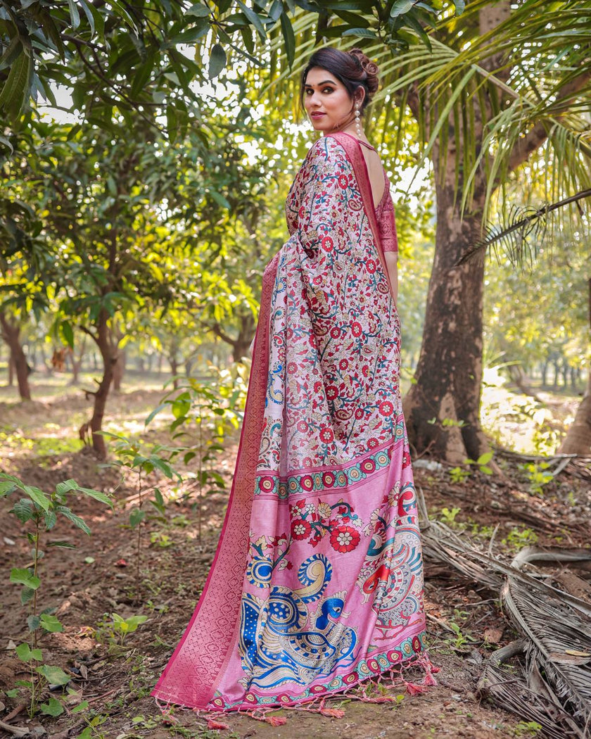 Pale Pink Floral Printed Cotton Silk Saree