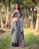 Light Grey & Blue Floral Printed Cotton Silk Saree