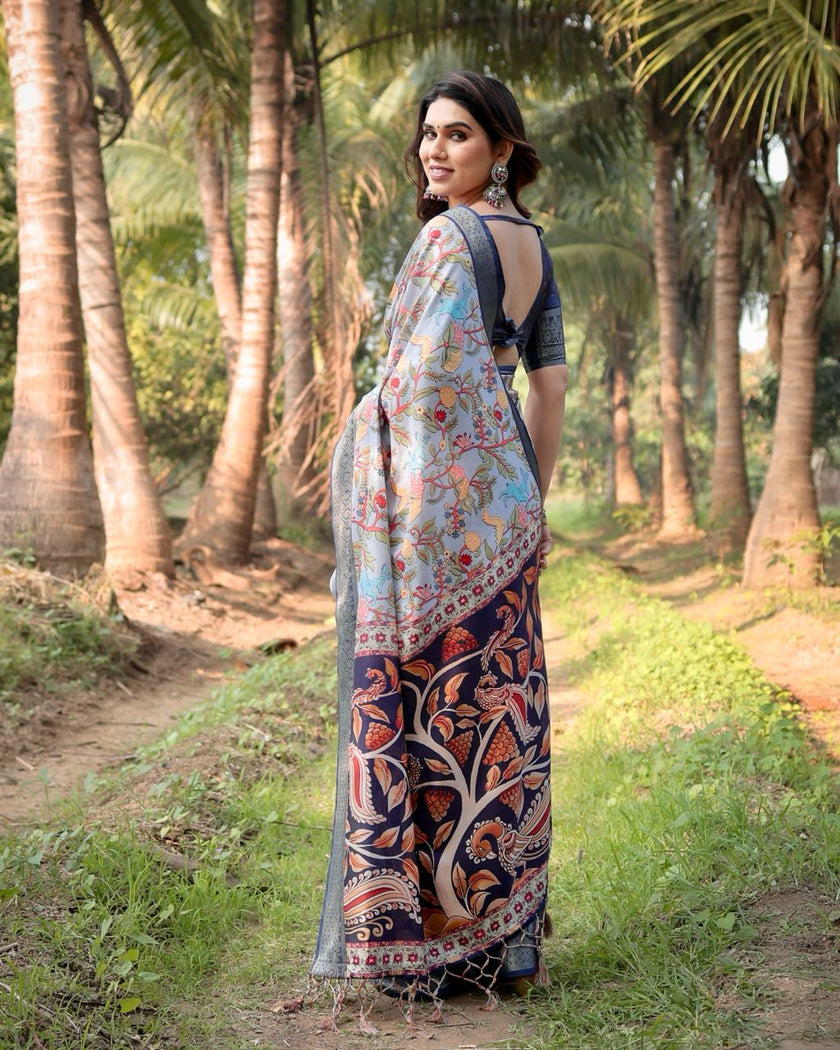 Light Grey & Blue Floral Printed Cotton Silk Saree