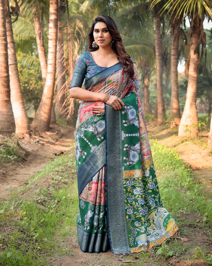 Dark Green Floral Printed Cotton Silk Saree