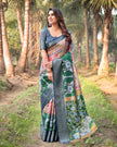 Dark Green Floral Printed Cotton Silk Saree