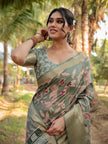 Sage Green Floral Printed Cotton Silk Saree