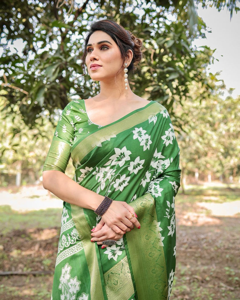 Kelly Green Floral Printed Cotton Silk Saree