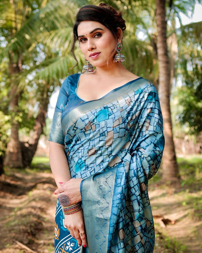 Rama Color Floral Printed Cotton Silk Saree