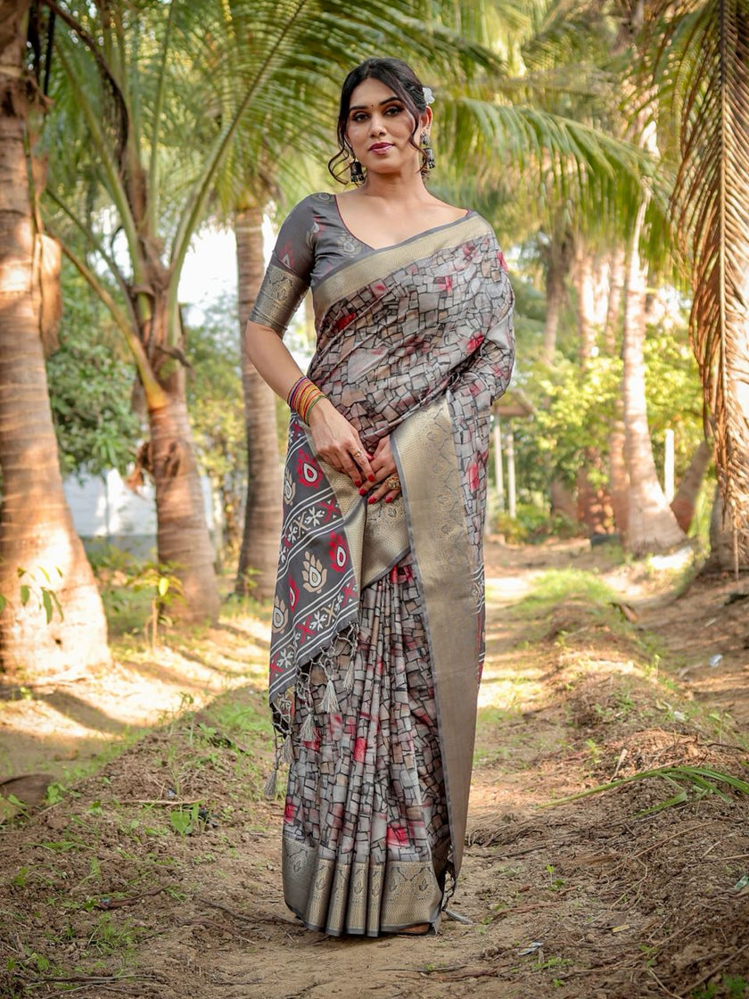Fossil Gray Floral Printed Cotton Silk Saree