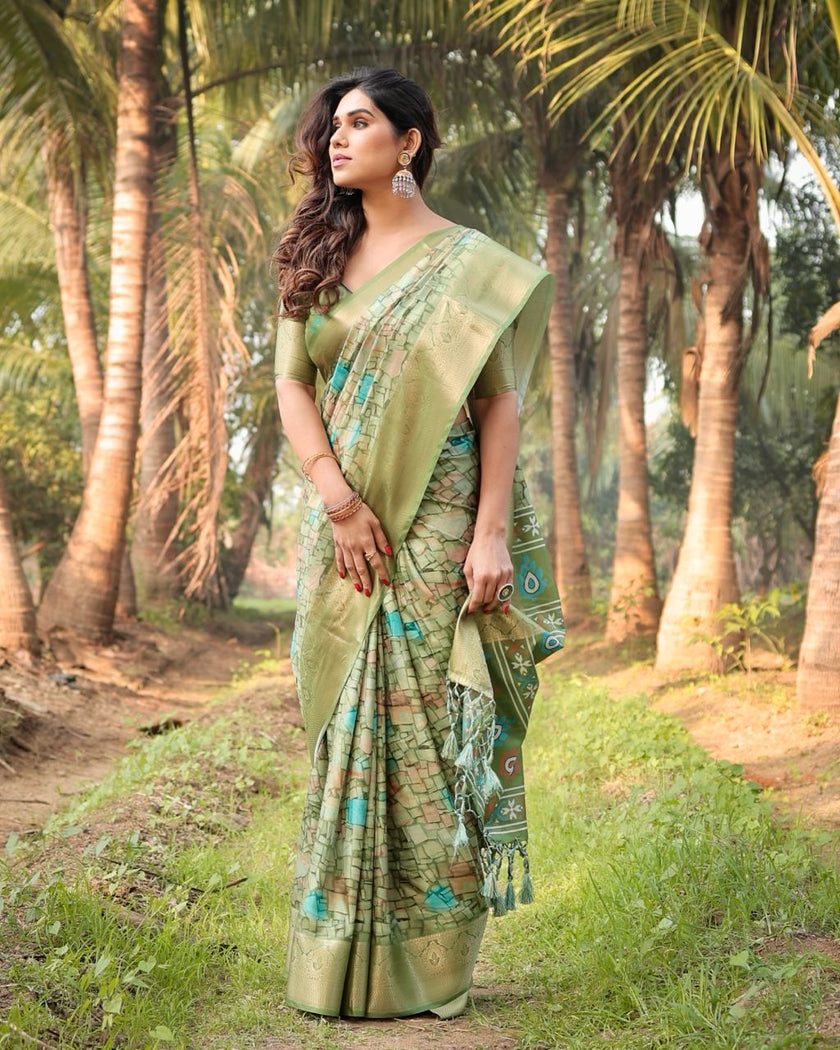 Pista Color Floral Printed Cotton Silk Saree